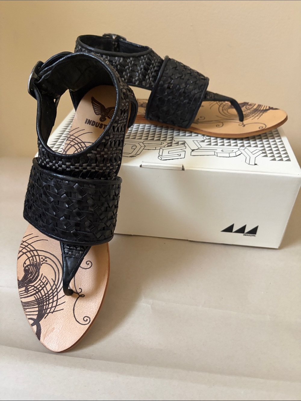Woven Black Leather Thong Sandal with Ankle Strap